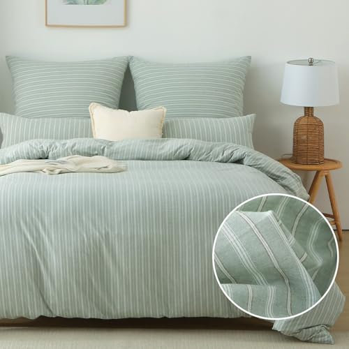 SOULFUL Bettwäsche 200x200 Baumwolle Gestreift, 100% Gewaschene Baumwolle Grün Bettwäsche-Sets mit Reißverschluss öKotex Zertifiziert Enthält 1 Bettbezug 200x200 und 2 Kissenbezüge 80x80