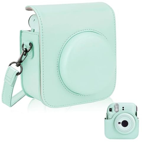 AUEJACKY PU Leder Tasche Schutzhülle für Fujifilm Instax Mini 12/11/9/8,Sofortbildkamera Reisetasche mit verstellbarem Schultergurt(Mint Green, Nur Tasche)