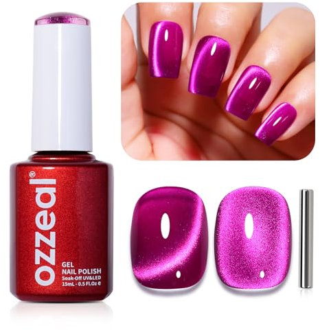 Ozzeal Katzenauge UV Gel Nagellack, 15ML Dunkles Rosa Magnetisch, Herbst Winter Heißes Rosa Glitter Holographisch Shimmer Soak Off LED