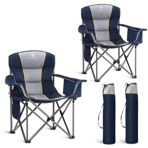 ALPHA CAMP Set of 2 Camping Chairs for Adults Heavy Duty Camping Chair Up to 200 kg Folding Camp Chairs with Cup Holder and Cooler Bag for Outdoor Picnic Fishing, Lightweight and Portable, Blue