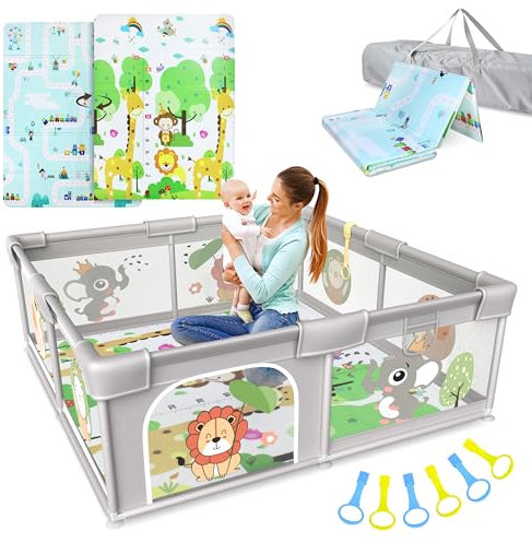 BELLEBEBE - Laufstall Baby - 120x120 cm - Laufgitter Baby mit Matte, 6 Griffen & Tragetasche - Sicher & Werkzeuglos Montierbar - Dschungel Design