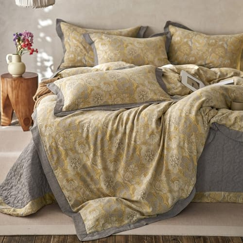 mixinni Kingsize-Bettbezug, Premium-Baumwolle, Doppellagiges Garn, goldenes Blumenmuster, Jacquard, wendbar, grau, Bettdeckenbezug mit Kanten-Design, Bauernhaus-Bettwäsche-Set mit 2 Kissenbezügen,