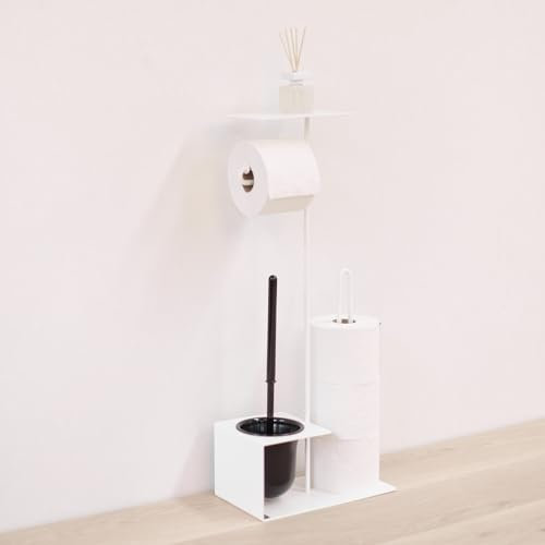 MyWIRE® YBBS 4-in-1 WC-Set – Freistehender Toilettenpapierhalter mit integrierter Bürste und Reserverollenhalter, modernes Design, 100% Made in Austria (Verkehrsweiss)
