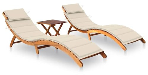 Willood 2X Madera Maciza de Acacia Tumbonas con Mesa y Cojines Hamaca Cama Salón Diván Asiento Piscina Playa Jardín Patio Terraza Balcón Exterior Crema