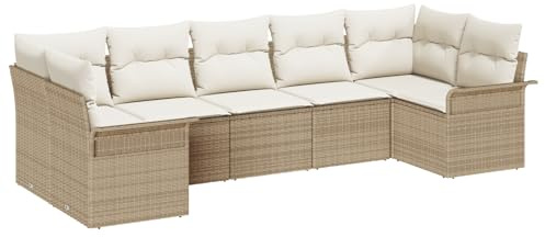 vidaXL Garten-Sofa-Set mit Kissen mit Speicher 7 pcs Beige Poly Rattan, Garten und Terrasse, rechteckiges, modulares, Robustes Sofa-Set, verstellbare Füße aus Rattan, Kissen inklusive