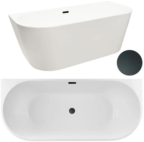 AQUAUNO Freistehende Acrylbadewanne 150x75 cm zur Wandmontage aus hochwertigem Sanitäracryl – mit Klick-Klack-Ablauf, Überlauf, Abdeckung, Ablaufgarnitur in Schwarz – Design Badewanne