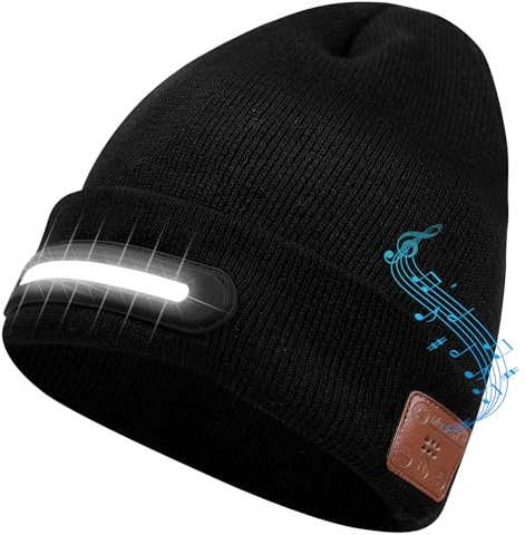 BNEHHOV Bluetooth Mütze mit LED Licht, Wiederaufladbare Beanie Mütze mit Musik, Strickmütze mit Kopfhörern und integrierten Stereolautsprechern, Wintermütze mit Lampe, Geschenke für Männer Frauen