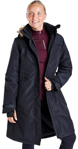 Harry Hall All-Weather Long Coat – Waterproof, Breathable, Thermal Fill, Rear Riding Vent, Magnetic Fasteners, Detachable Hood, Two-Way Zip - Black - L