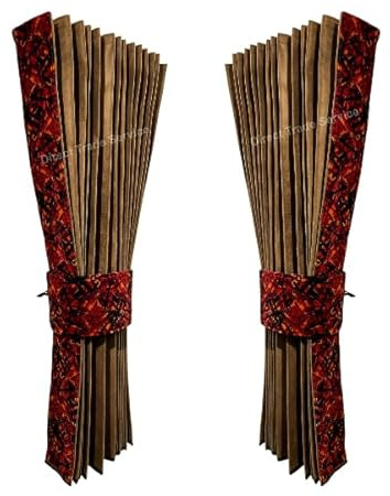 LKW Seitenvorhänge Set, Mokka Braun mit rotem dänischem Plüschbesatz, 240 x 93 cm, 2 vorgefaltete Vorhänge mit dänischem Plüsch Vorhangbänder, Universal Passform für Fahrerkabinen