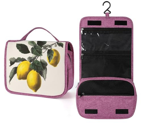 Reise-Kulturbeutel für Damen, Retro-Zitronen auf Ast, zum Aufhängen, Make-up-Organizer mit Haken für Shampoo