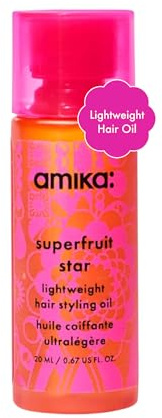 amika superfruit star lightweight hair styling + heat defense oil, heat protection, strengthen + reduce breakage, smooth frizz, add glossy shine (20 ml)