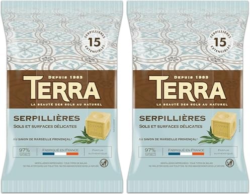 TERRA Serpillières Sols et Surfaces Délicates | Nettoie, Ravive l'éclat et Laissent un agréable parfum authentique | Serpillières ultra-imprégnées & sans rinçage | Fabriqué en France | x15 Serpillière