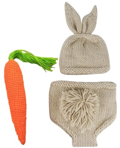 MUELODSIC Ensemble de Vêtements Crochet pour -Né Fille 0-2 Mois Bonnet à Oreilles de Lapin Doux en Fil de Laine Pantalon Carotte Accessoires de Photographie pour Shooting Photo Bébé