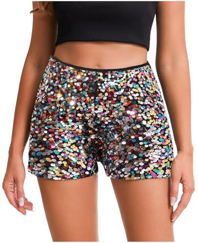 Damen Shorts mit Pailletten, Shorts, hohe Taille, lässig, lockere A Linie, Hotpants, Funkelnde Clubwear, für Abende (4-Multicolour, M)