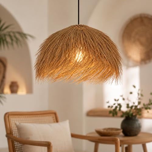 Handgewebte Pendelleuchte Rattan E27 Schwarz 50cm, Lampenschirm Boho Hängelampe Wohnzimmer, Lampe hängend für Restaurant, Schlafzimmer, Korridor und Eingangsbereich, Leuchtmittel nicht enthalten