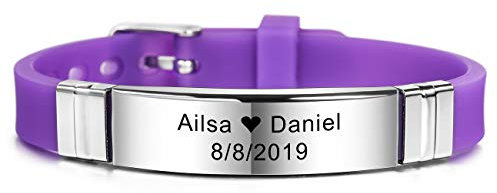 MeMeDIY 13mm Large Identification De Nom De Sport Réglable en Silicone Bracelet Personnalisé pour Homme Femme Enfant Caoutchouc en Acier Inoxydable - Gravure Personnalisée (Violet Couleur)