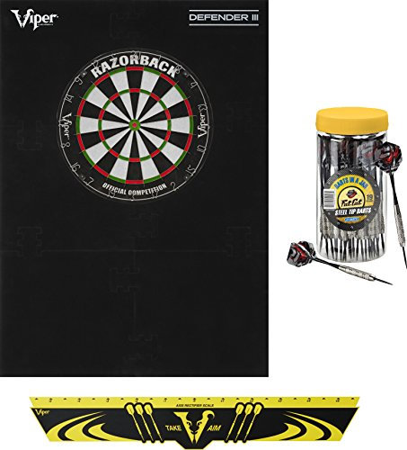 Viper Unisex-Erwachsene Rückwand & Sisal/Borsten Stahlspitze Bundle: Elite Set (Razorback Dartboard, Defender III Backboard, Edge Throw Line, 21-teiliges Glas Darts), Schwarz/Gelb