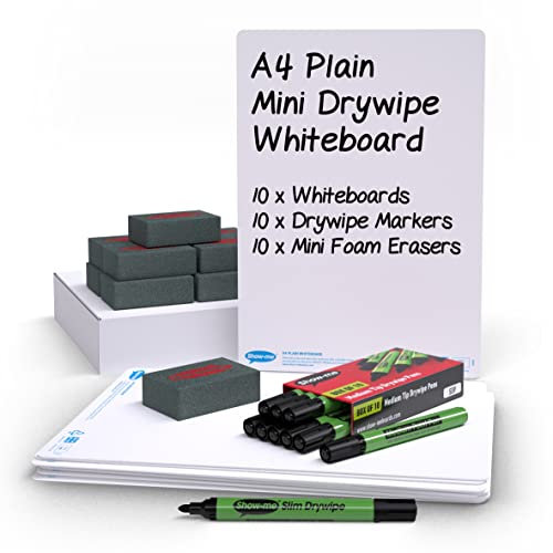 Show-me Plain Double-Sided Whiteboards, A4 Whiteboard for Dry Wipe and White Board Pens – Ideal for Teachers, Classrooms, and Schools, Mini Whiteboard Set (10 Sets)