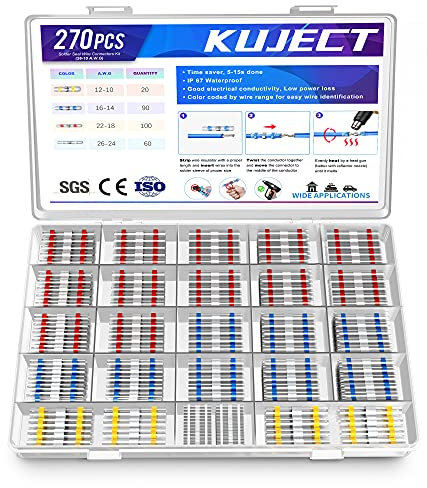 Kuject 270 connettori a saldare per cavi, autosaldanti, termorestringenti, impermeabili, isolati, terminali elettrici per giuntura di testa per veicoli marini, automobilistici, barche, camion
