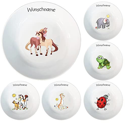 Doriantrade Kinder Müslischale Breischale Schale Porzellan Tiermotive personalisierbar mit Wunschname Name Kindergeschirr mit Namen personalisiert (Pferde 2)