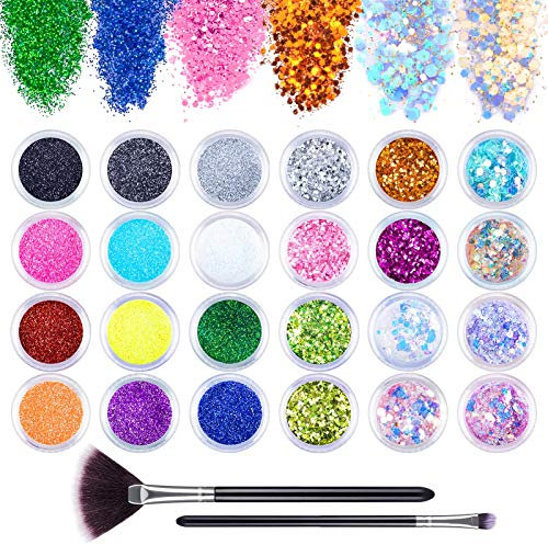 24 Farben Glitzer Set für Nagel, Glitzerpulver Nageldesign Zubehör Pailletten Basteln Nail Art Glitter mit Pinsel für Gesicht Körper DIY Nagelkunst Make up