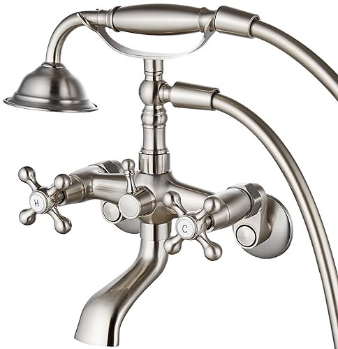 Midanya Clawfoot Robinet de baignoire en nickel brossé avec douchette à main Fixation murale 2 poignées croisées avec bec verseur Style victorien vintage téléphonique 3–9 pouces Centre réglable