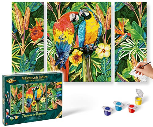 Schipper 609260853 Peinture par numéros - Perroquets dans la forêt Tropicale - Tableaux pour Adultes - avec pinceaux et peintures acryliques - Triptyque - 50 x 80 cm