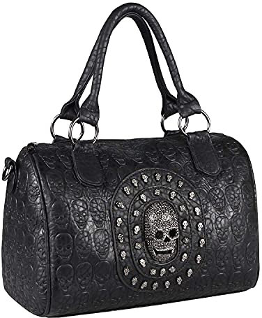 OBC Damen Totenkopf Skulls Tasche Bowling Handtasche Shopper Beuteltasche Schultertasche Umhängetache Leder Optik Schädel Gothic Punk Bag Biker Studded (Schwarz 32x28x16 cm)