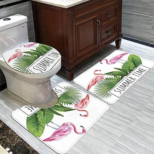 Badteppich Sommer Rosa Flamingo Badvorleger Set 3 teilig Badematte rutschfest Saugfähig Badezimmerteppich Waschbar Fussmatte Teppich, für Badezimmer, Wohnzimmer, Schlafzimmer 50x80cm