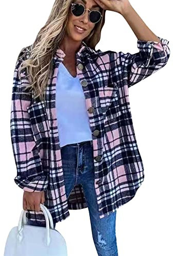 Yming Damen Casual Button Down Revers Shirt Langarm Bluse Holzfällerjacke mit Tasche Schwarz Rosa XXL