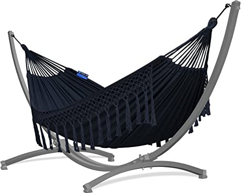 Potenza Outdoor Hängematte mit Gestell für 2 Personen I Baumwolle Doppelhängematte XXL 220x160, 200kg I Hängemattengestell 220kg, wetterfest (Santia - Schwarz, Gestell Grau)