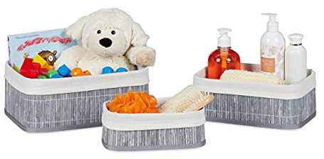 Relaxdays Aufbewahrungskorb 3er Set, Stoffbezug, Bambus, rechteckig, Bad, Accessoires, Spielzeug, Allzweckkorb, Farbwahl
