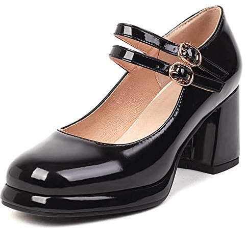 Lizoleor Femmes Bout Rond Mary Jane Cuir Verni Bride Cheville Bloc Plateforme Escarpins Mode Large Fit Fête Elegant Bridesmaid Chaussures Noir Taille 38 EU/39Cn