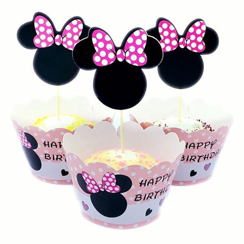 Norinoya 12Sets Minnie Happy Birthday Cupcake Toppers Cupcake Wrappers Cake Decorations for Kids Girls Boys Birthday Party Supplies Baby Shower