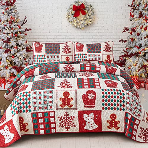 WONGS BEDDING Tagesdecke 240x260 Weihnachts Bettüberwurf Rotes Patchwork Doppelseite Wohndecke Schneeflocke Weihnachten Überdecke für Schlafzimmer Stepp Decke mit 2 Kissenbezüge 50x75cm