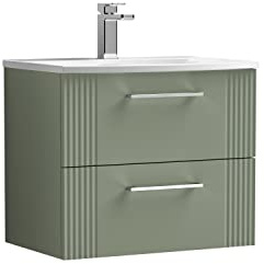 nuie DPF893G Deco Modern Bathroom Wall Hung 2 Drawer Part Fluted Vanity Basin Unit with Curved Ceramic Basin, 600mm, Satin Green
