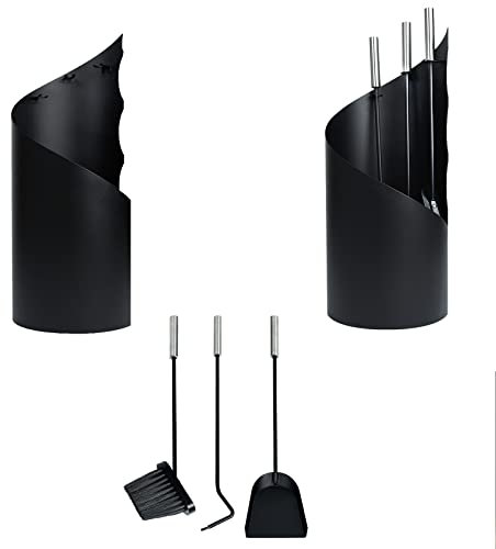 YARDIN Kaminbesteck Edelstahl Set 4-teiliges Kaminzubehör Kamingarnitur Modern, mit Gestell, Schaufel, Besen und Schürhakenfür, Schwarz