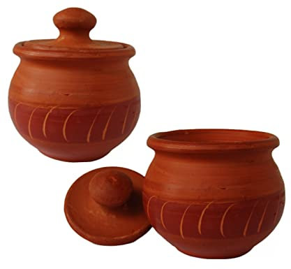 Uncommon Design Handmade Small 2pcs Clay POTS with Lid, Eco-Friendly Handy Look Home/Hotel/Café Table Décor Stackable Cups