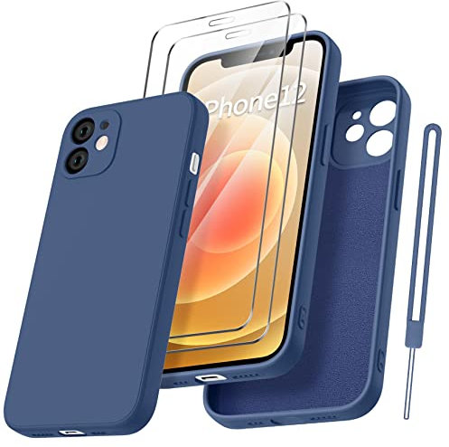 Qasyfanc Coque Protection Caméra pour iPhone 12 avec 2 Pièces Verre Trempé, Housse de Protection Silicone Antichoc Doublure Microfibre Douce Ultra Fine Coque iPhone 12 6.1 - Bao Bleu