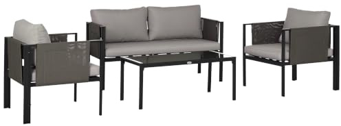 Outsunny 4 Piece Metal Garden Furniture Set Texteline Pocket Light Grey | Tempered Glass Coffee Table, Outdoor Set, Loveseat, Single Armchairs, Padded Cushions