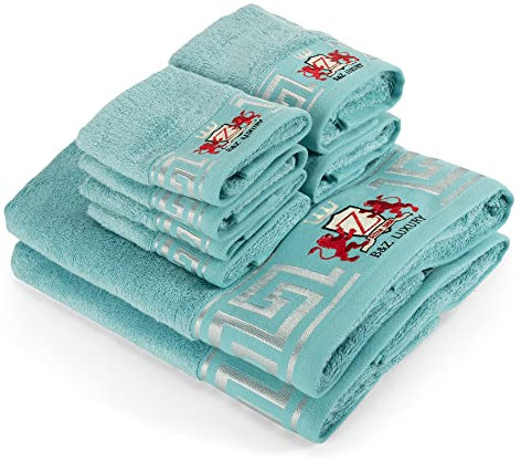 B&Z Luxury Set Asciugamani da bagno Turchese 500gr pregiato BAMBOO e Cotone, 2 teli doccia 4 asciugamani viso 2 panni bidet, SUPER assorbenti SOFFICI - telo mani ospiti palestra certificati oekotex