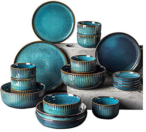 DREANNI Dinner Set for Family Party, Hotel Restaurant, Fine Dinnerware Set, Blue Porcelain Dinnerware Sets, Ceramic Plates and Bowls Dinner Sets, Reactive Glaze Stoneware Dishes Set