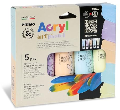 PRIMO Hobby & Professional Professional Acrylic Paints with 5 Tubes of 75 ml, Pastel Acrylic Colours, Acrylic Set for Canvas, Fabrics and Other, Hobby and Hobby
