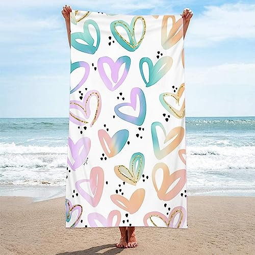 AMDXD Mikrofaser Strandtuch Damen, Herz Muster Badetuch Herren Grün Lila Orange Handtücher Saunatücher für Strand/Poolside/Strandstühle, 70x150CM