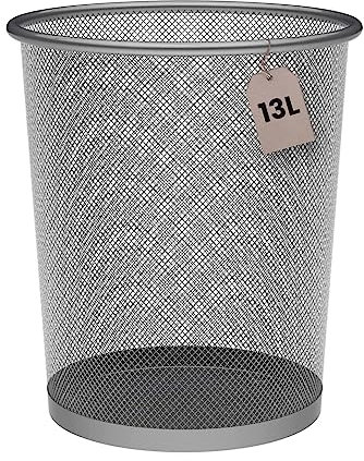 Papelera Malla Metalica 13 Litros Plata Ø26,5 x 28 cm. Papelera Oficina Gris, Papelera Reciclaje, Cubo de Basura, Papelera Escritorio, Cubo de Basura Cocina, Papelera Baño, Organizador Escritorio