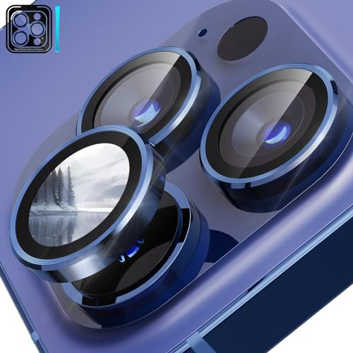 CloudValley [3 Pièces Protection Objectif Caméra Arrière pour iPhone 15 Pro 6,1'' & iPhone 15 Pro Max 6,7'', Accessoire Verre Trempé Anti-rayures Ultra Résistant Individuel Film, Titane bleu