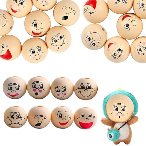Yeria 40 Holzperlen mit Gesicht,Holzkugeln mit Gesicht für Sorgenwurm Engel, Holzperlen Natur, Holzköpfe mit Gesicht für Schlüsselanhänger Häkeln Engel Handwerk DIY Schmuck