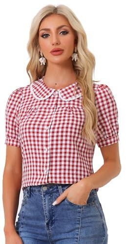 Allegra K Chemisier à Carreaux pour Femmes Contraste à Manches Courtes Bouffantes Haut Chemise à col Claudine Rouge XL