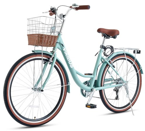 Viribus Women’s Comfort Bike, 66 cm 7 Speed Bicycle for Women, Beach & City Cruiser Bike with Shimano Derailleur Rattan Basket Steel Rack, Step Through Bike for Women Adults, Mint