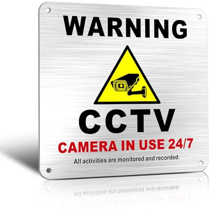 TAKULA Pre-drilled CCTV Sign - 15 * 15cm Aluminium Brushed Metal Sign - 24 HR Outdoor Waterproof, UV Resistant, Durable | Pack of 1